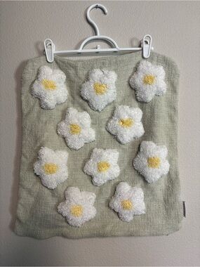 Sage Green Daisy Accent Pillow Cover with Tufted White Flowers